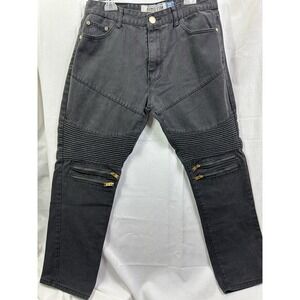 Demolition Jeans Men Moto Biker Zipper Premium Production Denim Black size 36x32